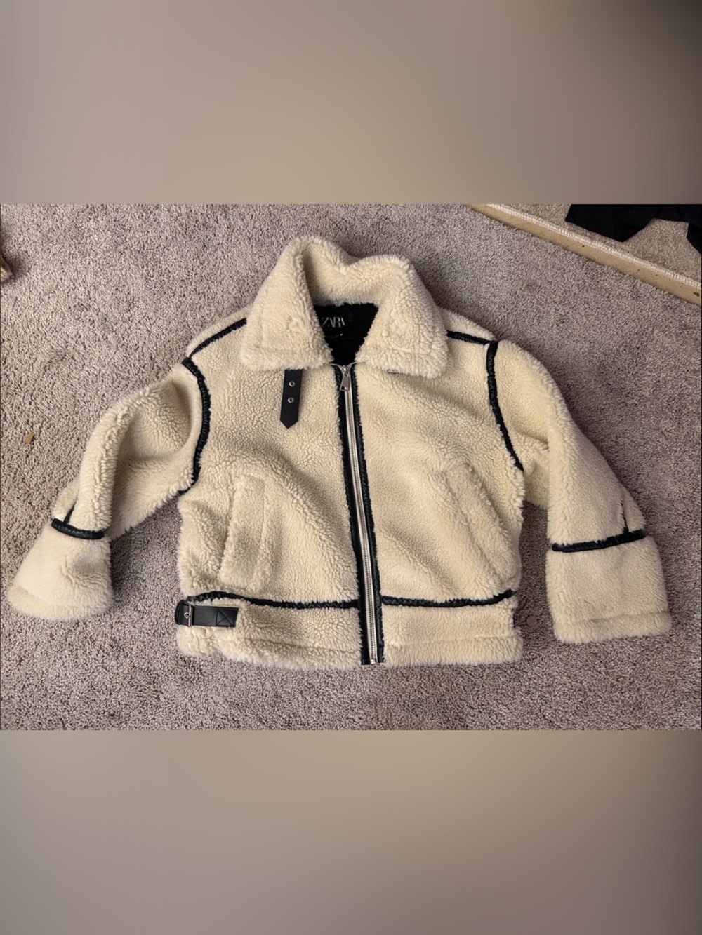 Zara Cream Teddy Jacket with Black Trim